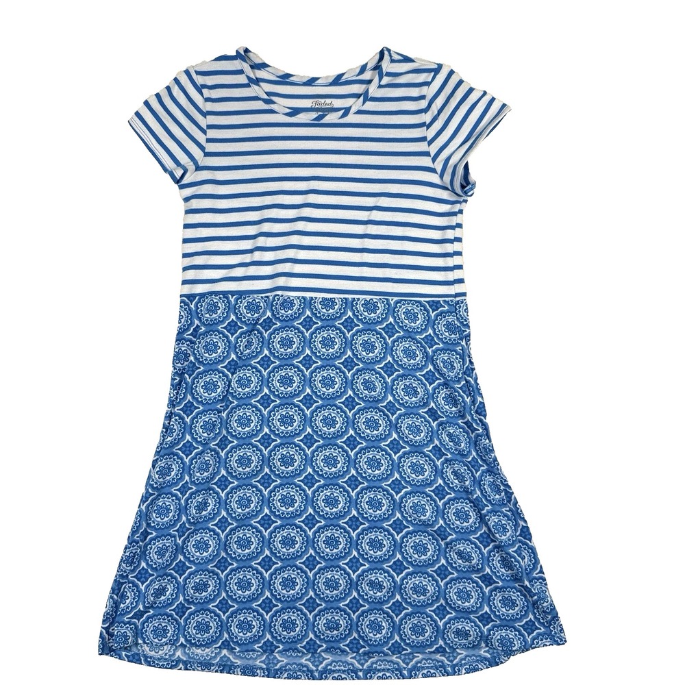 Faded Glory Casual Short Sleeve Dress Blue Stripe Geometric Girls Size L 10 12‎